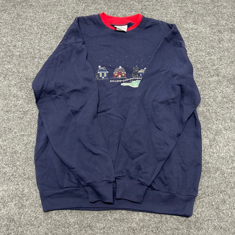 McEnergy Sportswear Sweatshirt Womens Size L Navy Blue Winter House Beaded Flaw